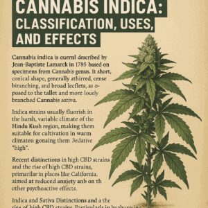 Cannabis indica informational poster with plant illustration.
