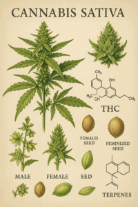 Cannabis sativa diagram with THC and terpenes.