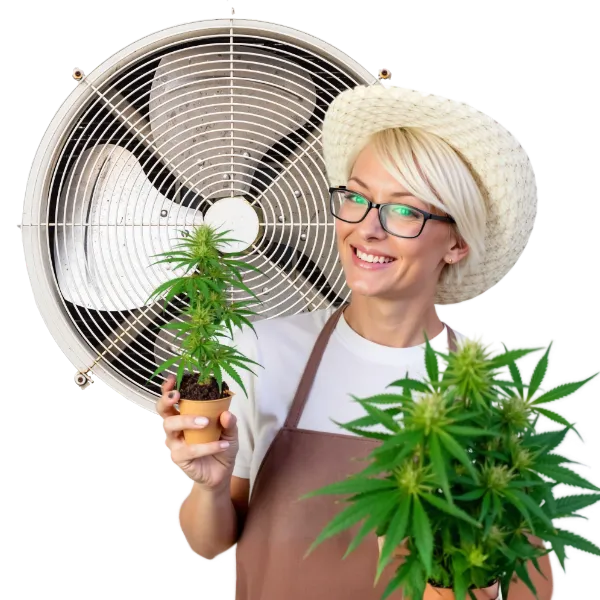 Smiling grower holding cannabis plants indoors.