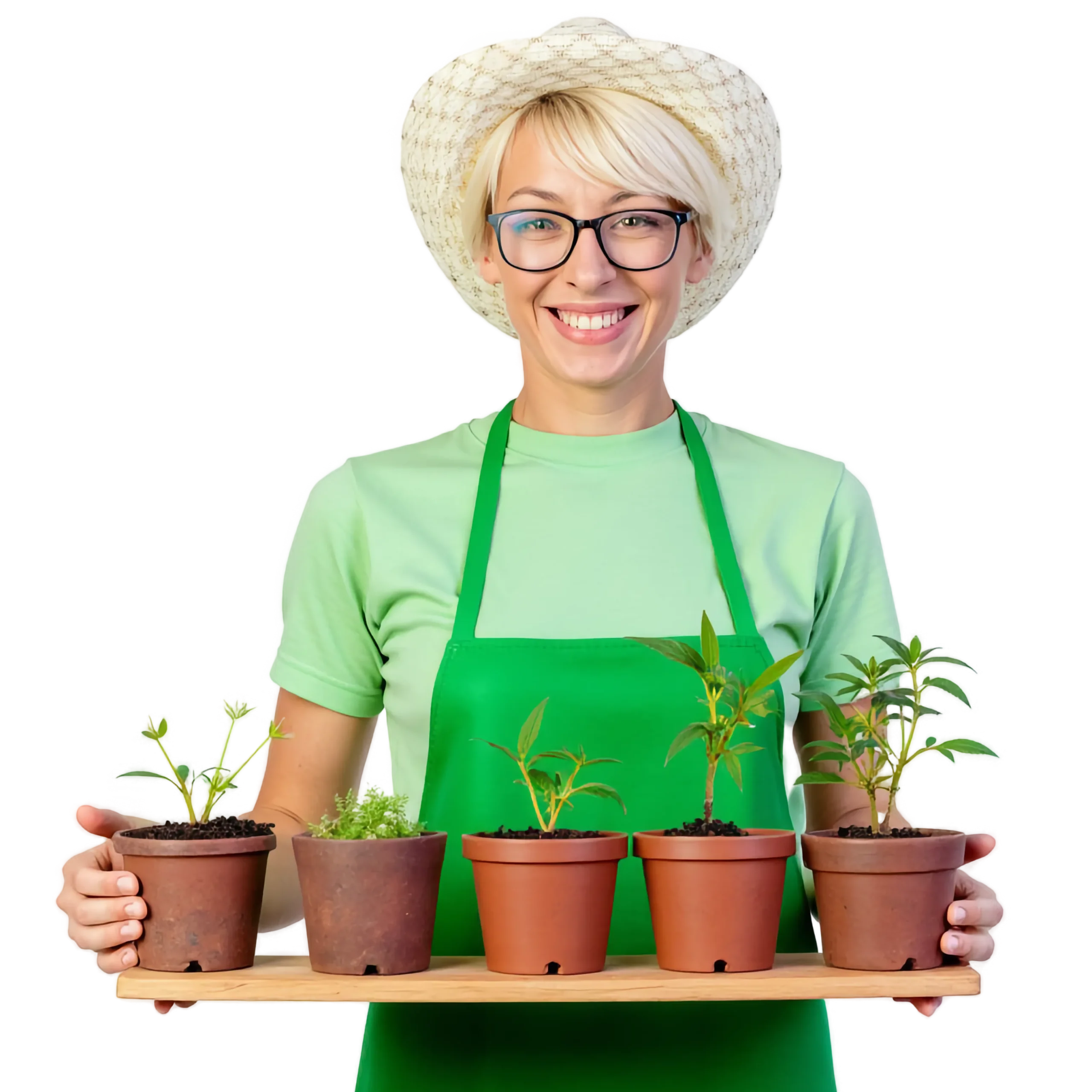 Smiling gardener holding potted plants on a tray.